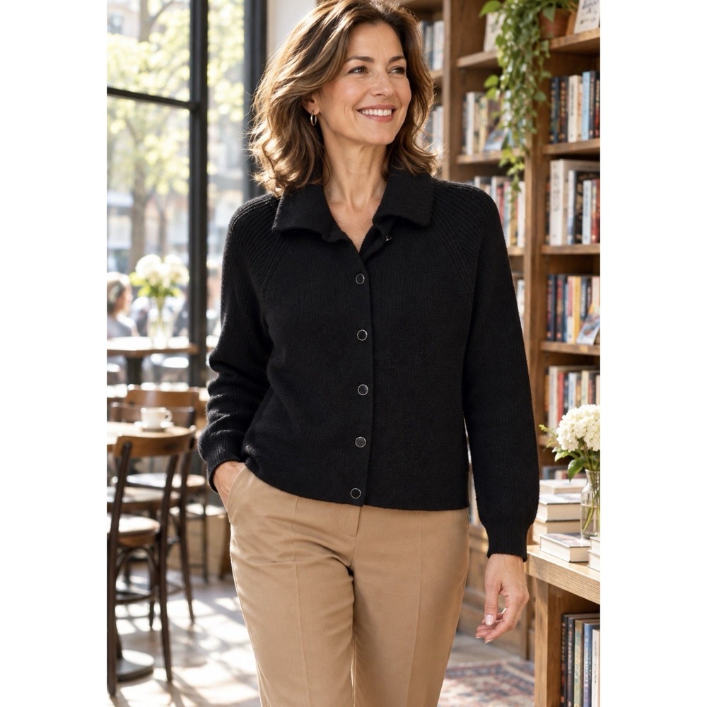 Talbot Petites Mp Black Collared Button Down Sweater